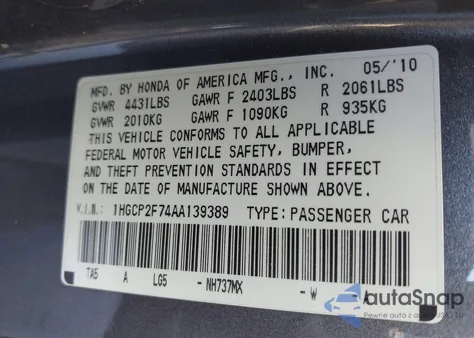 2010 Honda Accord 2.4 Ex из США, поврежденный, VIN 1HGCP2F74AA139389